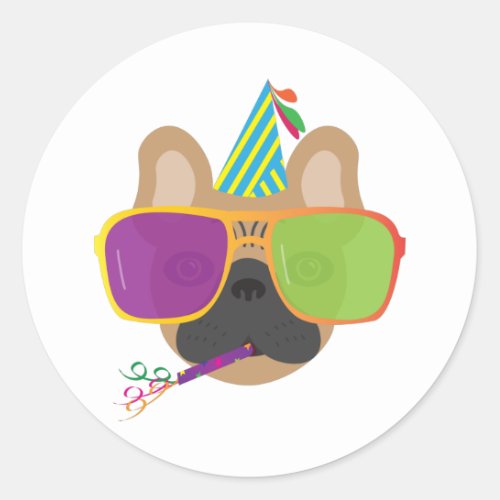 French Bulldog With Party hat and Sunglasses Classic Round Sticker