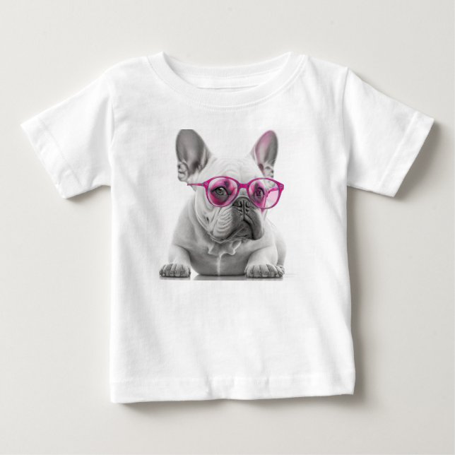 French Bulldog with pink glasses Baby Fine Tshirt (Front)