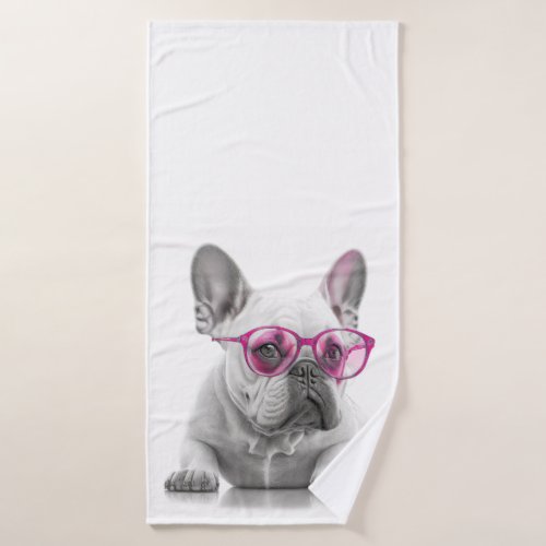 French Bulldog with pink glasses bath towel