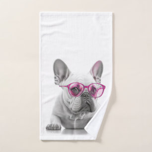 French Bulldog with pink glasses hand towel