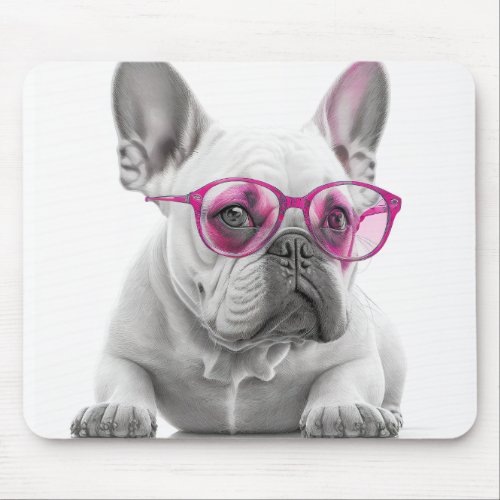 French Bulldog with pink glasses mouse pad