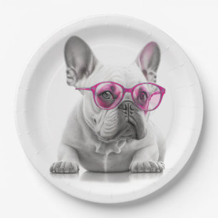French Bulldog with pink glasses paper plate