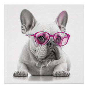 French Bulldog with pink glasses poster