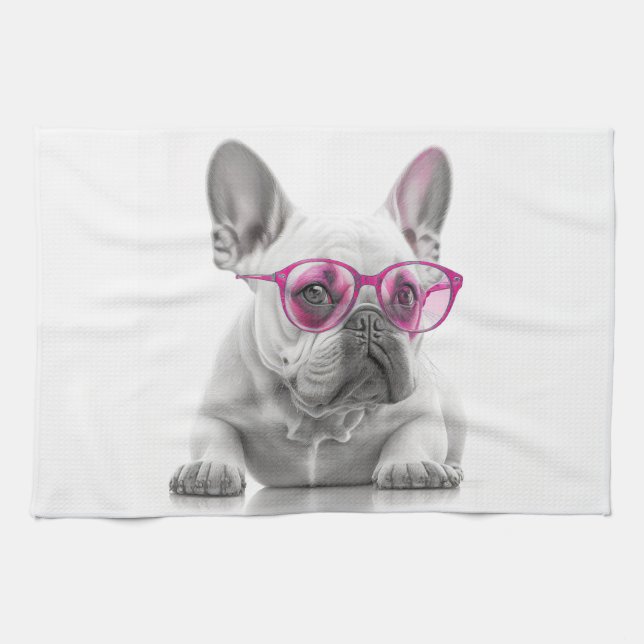 French Bulldog with pink glasses teatowel Kitchen Towel (Horizontal)
