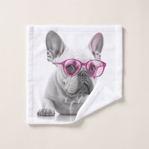 French Bulldog with pink glasses wash cloth