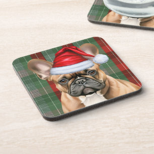 French Bulldog with Red and Green Holiday Plaid Beverage Coaster