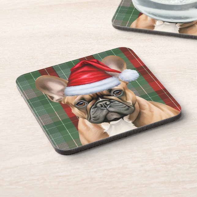 French Bulldog with Red and Green Holiday Plaid Beverage Coaster (Left Side)
