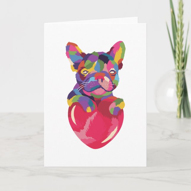 French Bulldog with red heart colorful Card (Front)