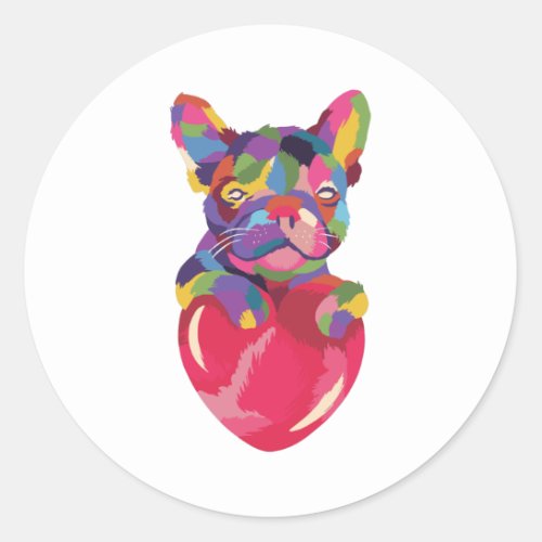 French Bulldog with red heart colorful Classic Round Sticker