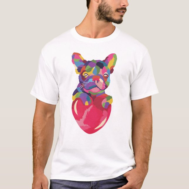 French Bulldog with red heart colorful T-Shirt (Front)