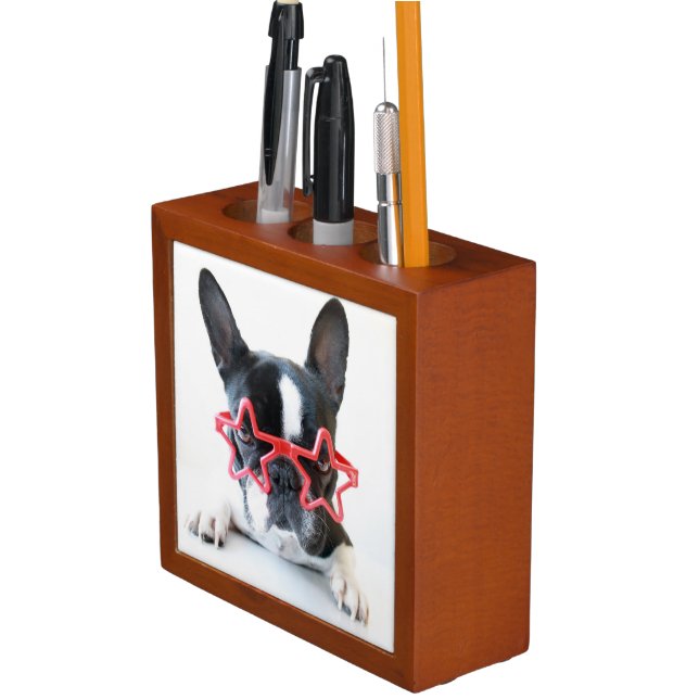 French Bulldog With Red Star Glasses Pencil Holder (In Situ)