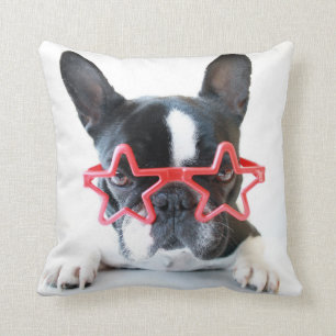 French Bulldog With Red Star Glasses Throw Pillow
