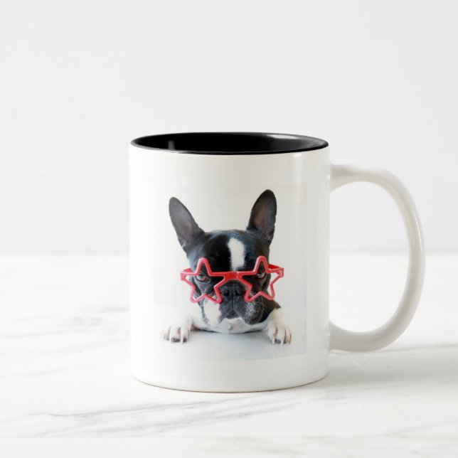 French Bulldog With Red Star Glasses Two-Tone Coffee Mug (Right)