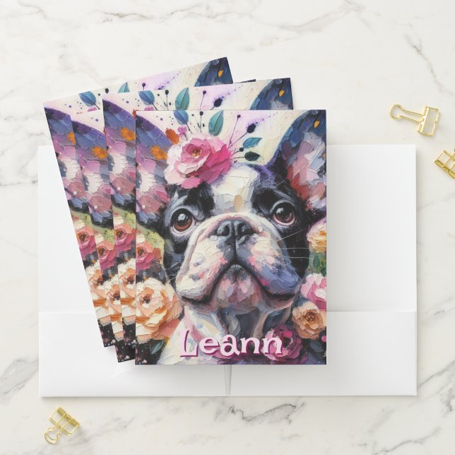 French Bulldog with Roses Dog Personalized Pocket Folder (In Situ)