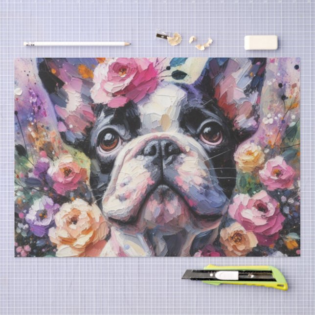 French Bulldog with Roses Floral Decoupage Tissue Paper (Craft)