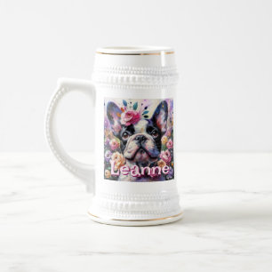 French Bulldog with Roses Floral Personalized Beer Stein