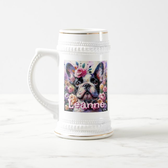 French Bulldog with Roses Floral Personalized Beer Stein (Left)