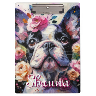 French Bulldog with Roses Floral Personalized Clipboard