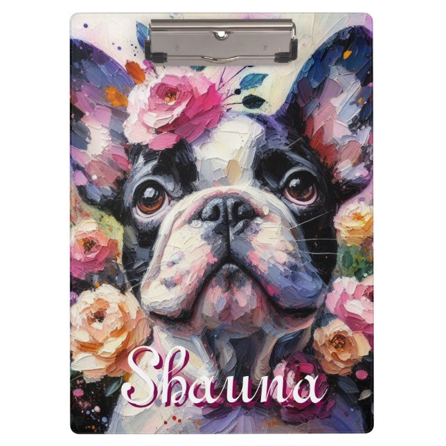 French Bulldog with Roses Floral Personalized Clipboard (Front)