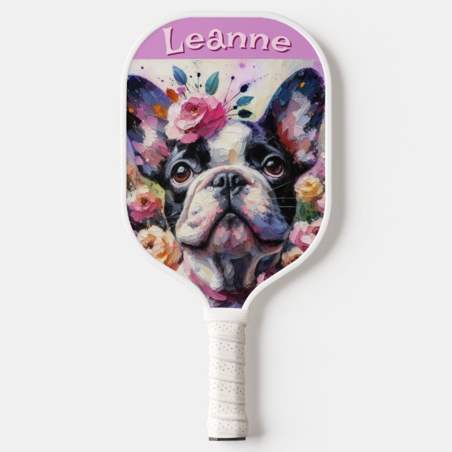 French Bulldog with Roses Floral Personalized Pickleball Paddle (Front)