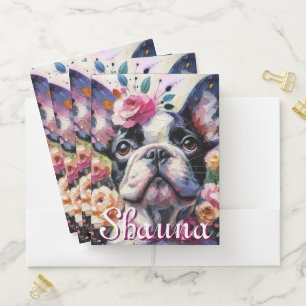 French Bulldog with Roses Floral Personalized Pocket Folder