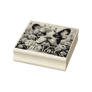 French Bulldog with Roses Floral Personalized Rubber Stamp