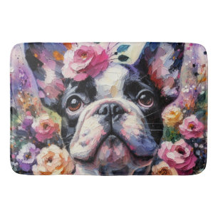 French Bulldog with Roses Impressionistic Painting Bath Mat