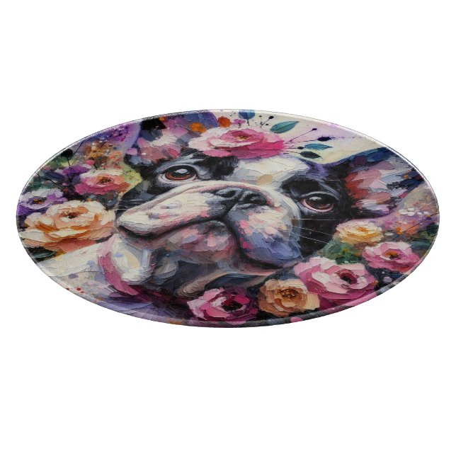 French Bulldog with Roses Impressionistic Painting Cutting Board (Corner)