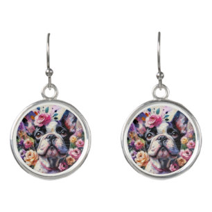 French Bulldog with Roses Impressionistic Painting Earrings