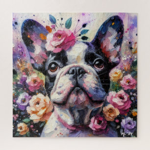 French Bulldog with Roses Impressionistic Painting Jigsaw Puzzle