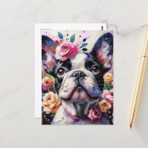 French Bulldog with Roses Impressionistic Painting Postcard