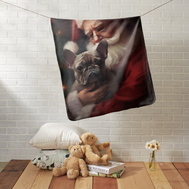 French Bulldog With Santa Claus Festive Christmas Baby Blanket (In Situ)