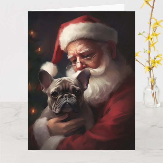 French Bulldog With Santa Claus Festive Christmas Card (Yellow Flower)