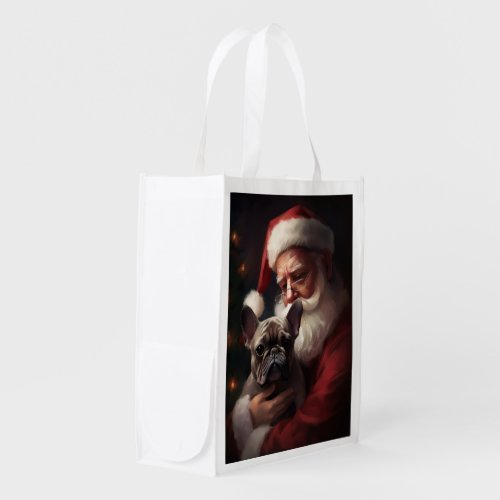 French Bulldog With Santa Claus Festive Christmas Grocery Bag