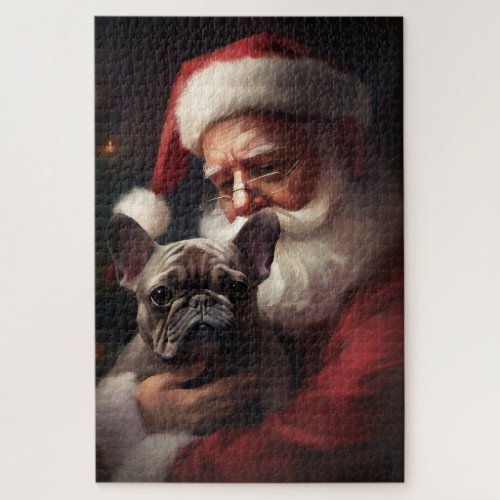 French Bulldog With Santa Claus Festive Christmas Jigsaw Puzzle