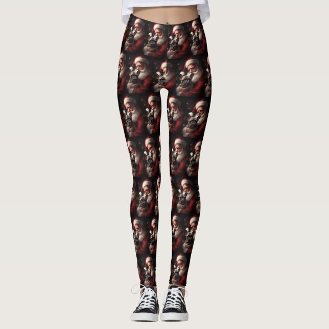 French Bulldog With Santa Claus Festive Christmas Leggings (Front)