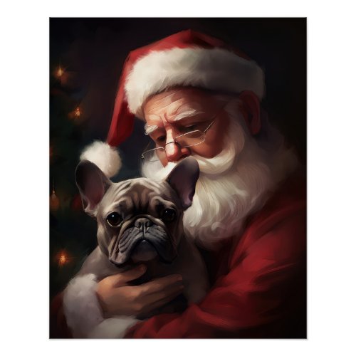 French Bulldog With Santa Claus Festive Christmas Poster