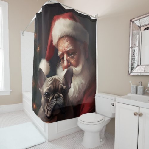 French Bulldog With Santa Claus Festive Christmas Shower Curtain