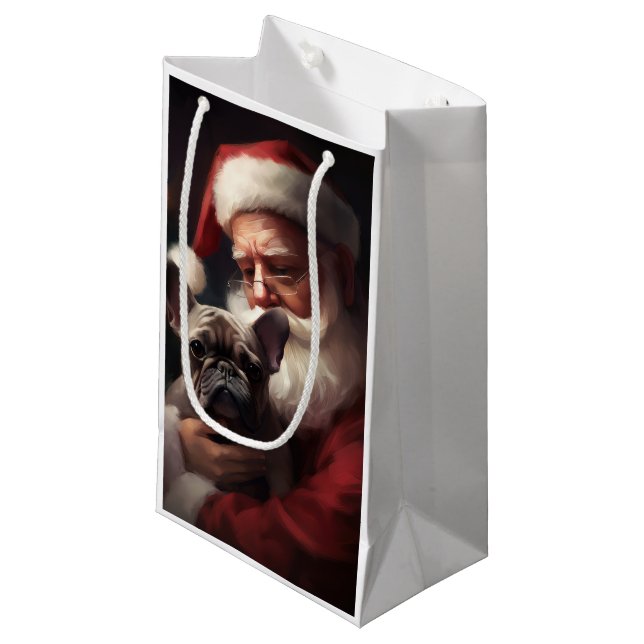 French Bulldog With Santa Claus Festive Christmas Small Gift Bag (Front Angled)