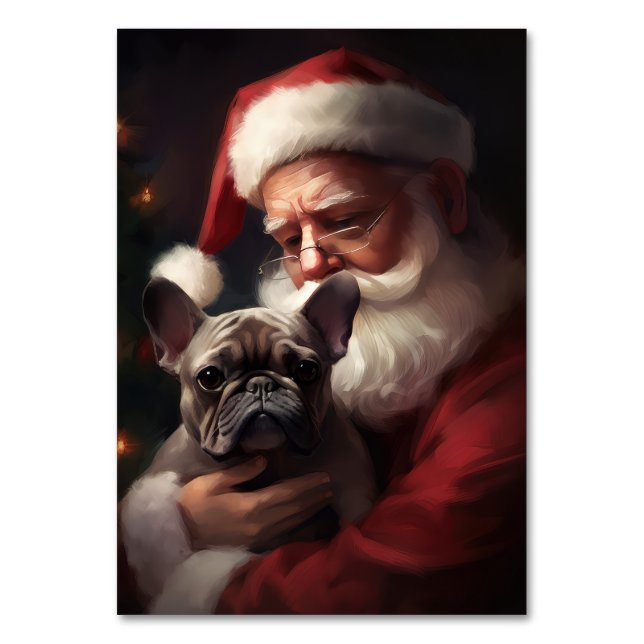 French Bulldog With Santa Claus Festive Christmas Table Number (Front)
