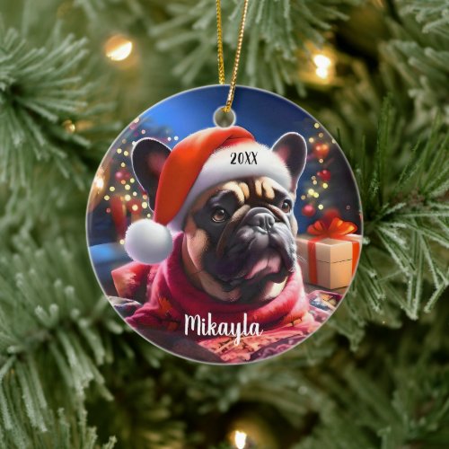 French Bulldog with Santa Hat Christmas Ceramic Ornament