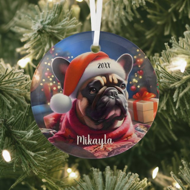 French Bulldog with Santa Hat Christmas Glass Ornament (Insitu)