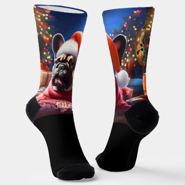 French Bulldog with Santa Hat Christmas Socks (Angled)