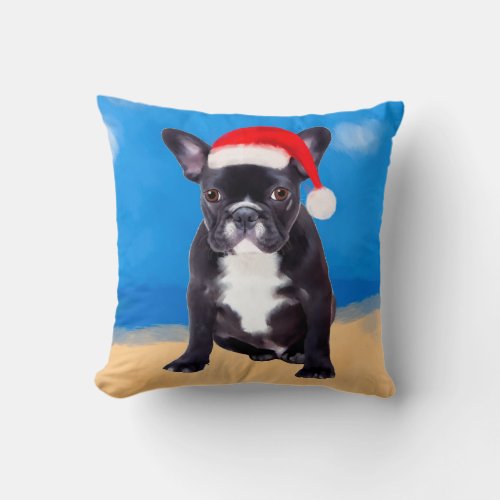 French Bulldog With Santa Hat Christmas Throw Pillow