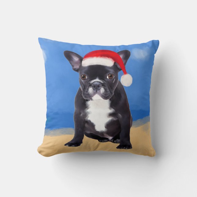 French Bulldog With Santa Hat Christmas Throw Pillow (Front)