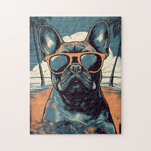 French Bulldog with sunglasses at a tropical beach Jigsaw Puzzle