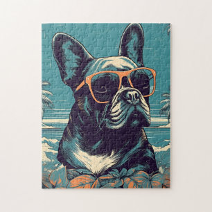 French Bulldog with sunglasses at a tropical beach Jigsaw Puzzle