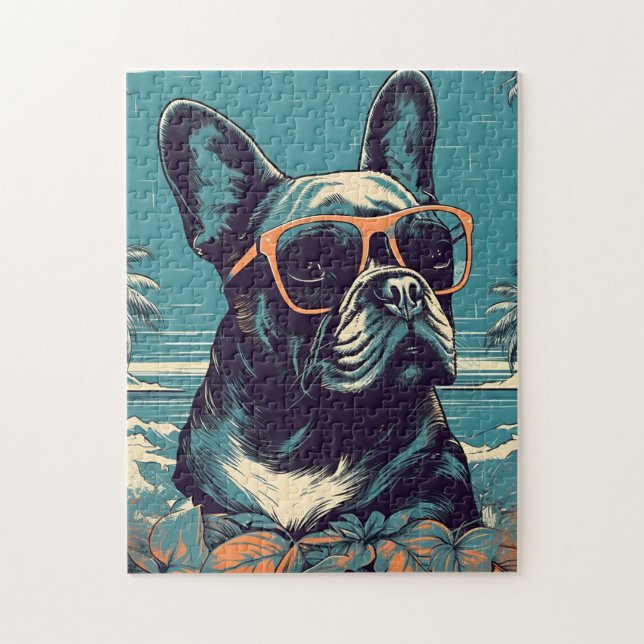 French Bulldog with sunglasses at a tropical beach Jigsaw Puzzle (Vertical)