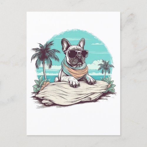 French_bulldog with sunglasses at the beach postcard