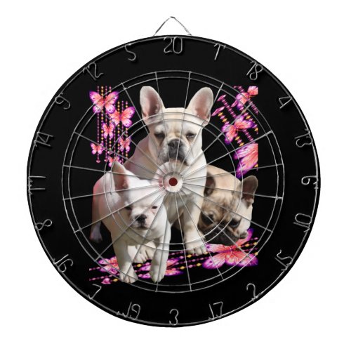 French bulldog with three bulldoggs in pink dart board